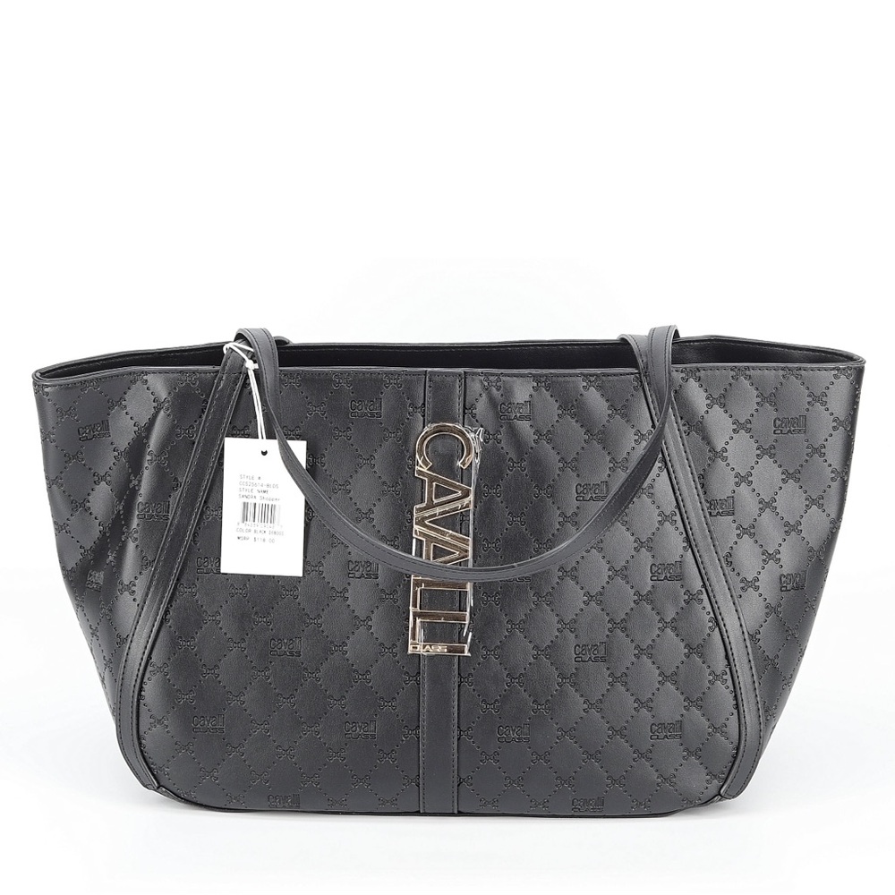 NWT Cavalli Class Huge Black Quilted Logo Tote Vegan Leather - Picture 2 of 4